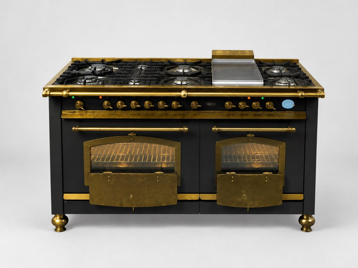 Antraciet fornuis met oud koper, 8 gasbranders, FryTop en dubbele oven